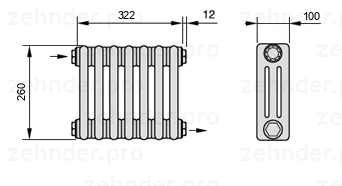 Схема (чертеж) Радиатор Zehnder Charleston 3026/7 №1670 Белый глянцевый RAL 9016